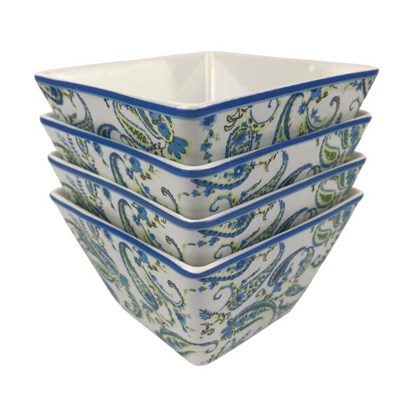 Cynthia Rowley 4 Square Bowls Paisley Blue Green White Cocktail Dessert Small - Picture 1 of 13